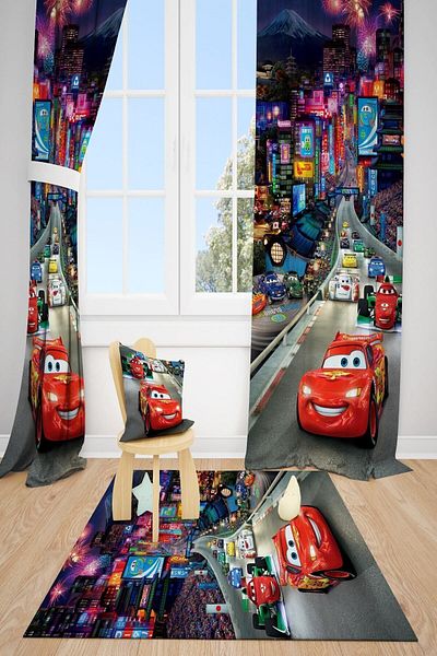 dekomingo City And Red Cars Children's Room 2 Wing Background Curtain