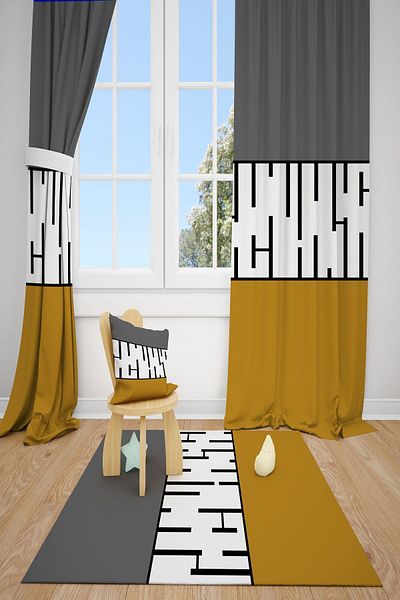 dekomingo GREY MUSTARD STRIPED CHILDREN'S AND BABY ROOM 2 WINGS PHONE CURTAIN
