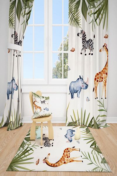 dekomingo Tropical Zebra Giraffe Rhino Children's Room 2 Wings Background Curtain