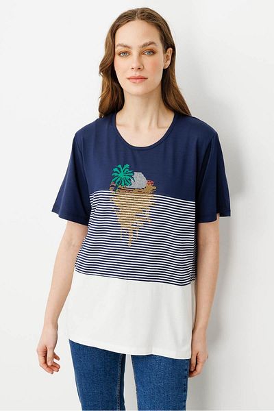 Desen Triko Tricou de damă cu decolteu în formă de palmier din bumbac pieptănat, albastru bleumarin