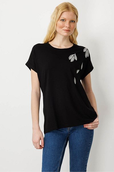 Desen Triko Tricou de damă cu decolteu în formă de piatră din bumbac pieptănat negru