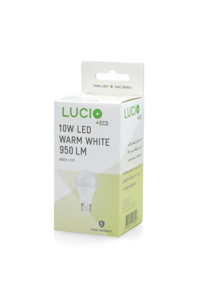 LUCİO مصباح LED موفر للطاقة E27، 10 وات، 3000 كلفن، 950 لومن، خالٍ من الوميض