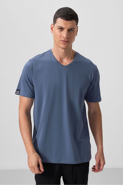 TOMMY LIFE Ανδρικό κοντομάνικο μπλουζάκι Petrol Color με λαιμόκοψη - 87912