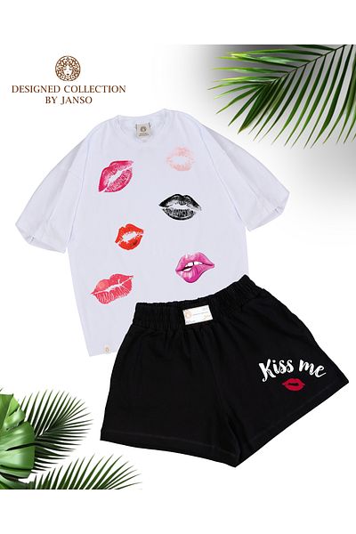 JANSO GROUP - Women's Kiss Printed Short Sleeve Tshirt-Shorts Set 2 Pieces Large Size Oversize