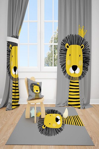 dekomingo Crowned Gray Lion Children's Room 2 Wings Background Curtain