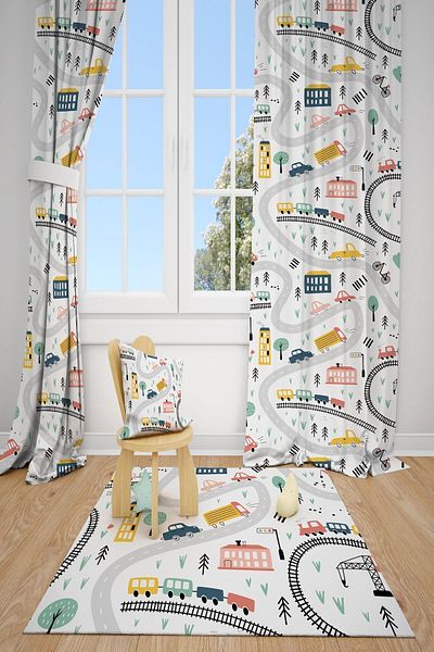 dekomingo TRAIN ROAD CHILDREN'S AND BABY ROOM 2 WINGS FON CURTAIN