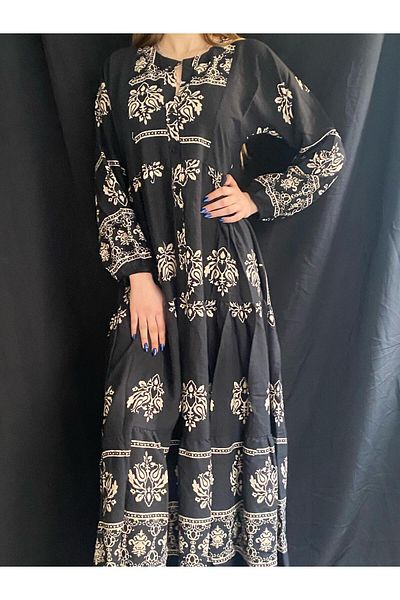 OlaLady Women's Viscose Fabric Long Sleeve Patterned Loose Dress