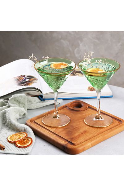ADAMODART Gilded Decorated Martini Cocktail Glass & Goblet Set of 2 - Green