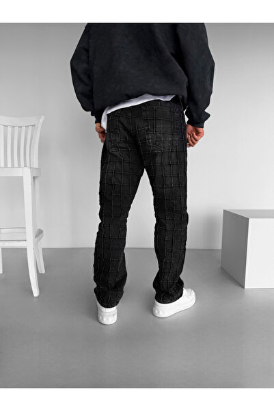 ablukaonline Černé pánské džíny – 100% bavlna, Baggy Fit, čtvercový detail výšivky