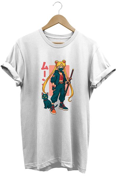 remonz Anime Sailor Moon Usagi Katana Γυναικείο μπλουζάκι με στάμπα 100% βαμβάκι με κανονική εφαρμογή Crewneck
