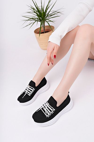 McDark Women's Black White Tie Light Sole Anatomic Tricot Sneaker Shoes