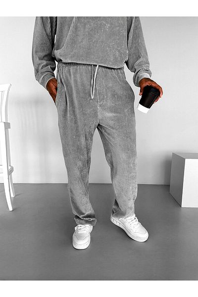 ablukaonline Ανδρικό Jogger Stretchy Άνετο Ελαστικό Μέσης Corduroy Παντελόνι Γκρι