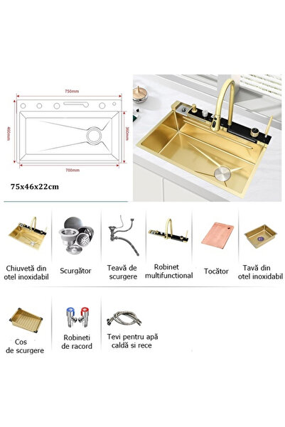 Depox Chiuveta de bucatarie multifunctionala, dus cu extragere, tocator de lemne, temperatura LCD, 2 jeturi de apa, 75x46 cm