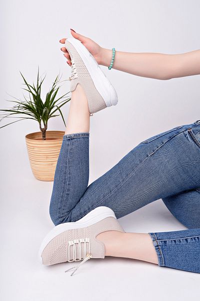 McDark Women's Beige Tie Light Sole Anatomic Tricot Sneaker Shoes
