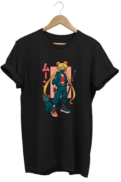 remonz Anime Sailor Moon Usagi Katana Γυναικείο μπλουζάκι με στάμπα 100% βαμβάκι με κανονική εφαρμογή Crewneck
