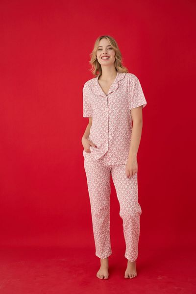Lavint Homewear Leaf Patterned Cotton Lycra Buttoned Pajama Set