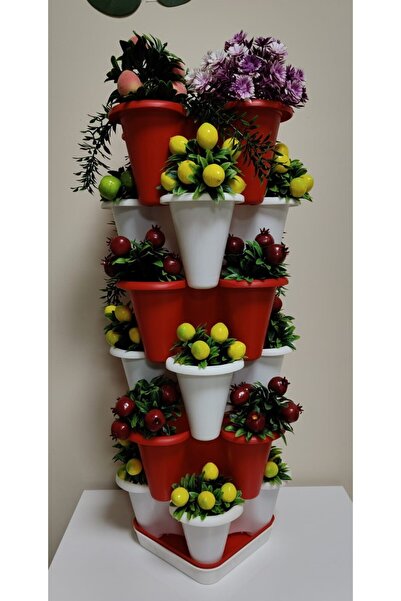 Turco 6 Katlı Şanslı Yonca Kule Saksı Seti | Çiçek Bitki Sebze Meyve Salon Mutfak Banyo Bahçe KIRMIZIBEYAZ