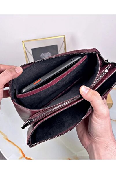 Fil Deri Genuine Leather Handbag with Hand Band Claret Red Color 2029