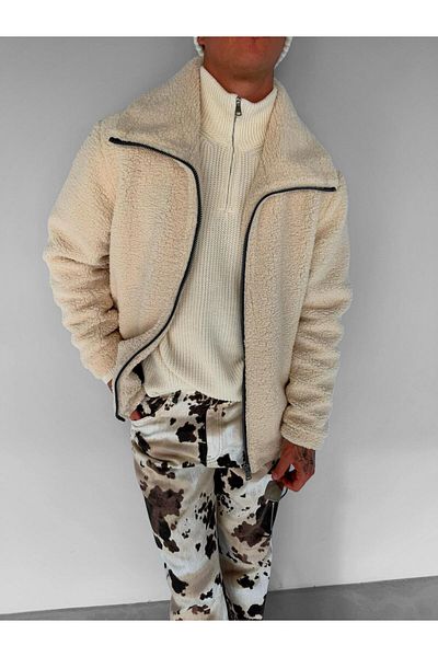 ablukaonline Ανδρικό βελούδινο μπουφάν σε μπεζ χρώμα Oversize - Stand Collar