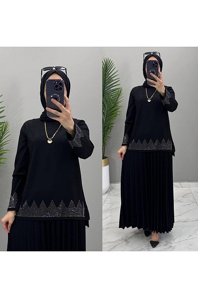 ModaMinar Women's Combed Fabric Stone Detailed Pleated Skirt Blouse Set