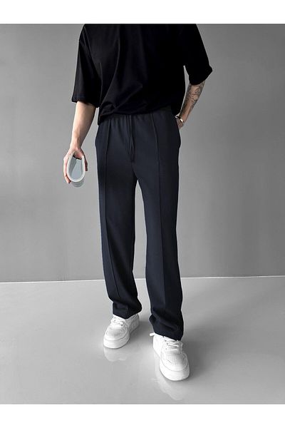 ablukaonline Men's Elastic Waist Baggy Pants Navy Blue