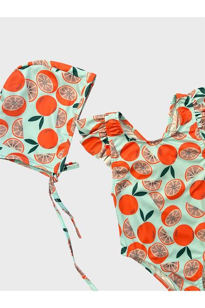 ALİŞ KİDS Girl's Green Orange Patterned Cross Strap Ruffled Bonnet Swimsuit
