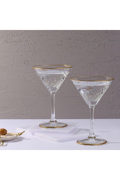 ADAMODART Gold Decorated Martini Cocktail Glass & Goblet Set of 2