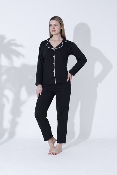 GRSN Set de pijamale confortabile, cu mâneci lungi, din bumbac, alb-negru, cu nasturi