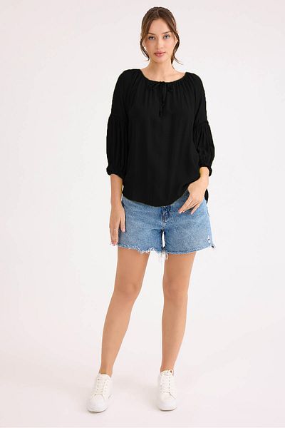 Vitrin Elastic Sleeve Front Tie Linen Blouse