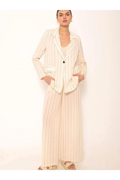 Coral Striped Jacket Trousers Suit Ecru