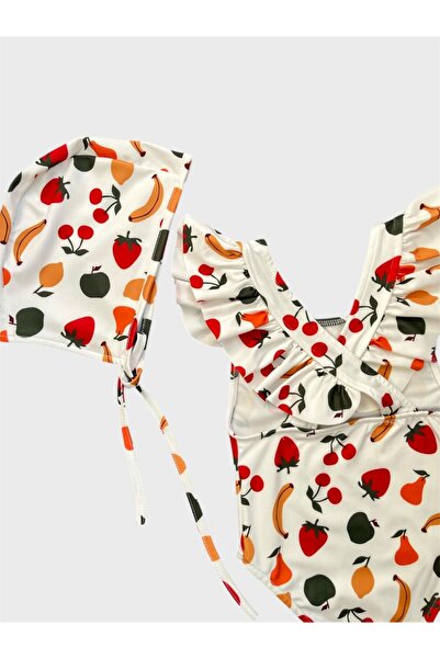 ALİŞ KİDS Girl's White Strawberry Cherry Banana Patterned Cross Strap Ruffled Bonnet Swimsuit