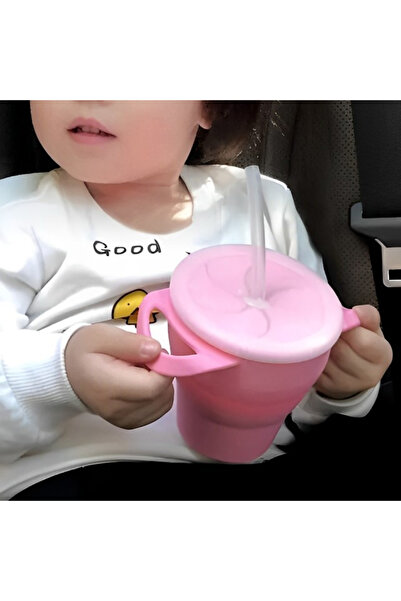 Empria Cana din silicon 2 in 1, pentru gustari si apa bebe, cu capac anti-varsare, cana bebe, Empria, Roz