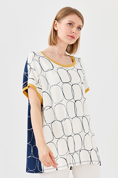 Desen Triko Women's Combed Cotton T-shirt with Yellow Collar and Sleeves, Navy/Ecru