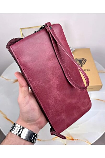Fil Deri Genuine Leather Handbag with Hand Band Claret Red Color 2029
