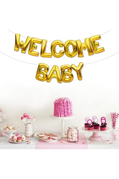 Flippy Baloane Decorative Welcome Baby, Litere de 40 cm, Baloane Party, Pai, Ata si Adeziv Incluse, Auriu