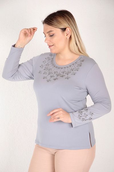 TRENDSE Mother's Blouse, Stoned Sandy Fabric Pearl Βραδινό Φόρεμα Μπλούζα με Λεπτομέρεια Μανίκι