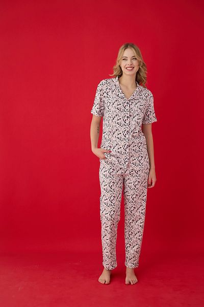 Lavint Homewear Floral Patterned Cotton Lycra Buttoned Pajama Set