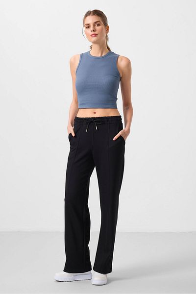 TOMMY LIFE Black Soft Textured Women's Palazzo Trousers with Pocket Front Seam Detail - 94670