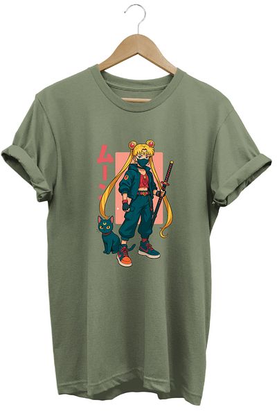 remonz Anime Sailor Moon Usagi Katana Γυναικείο μπλουζάκι με στάμπα 100% βαμβάκι με κανονική εφαρμογή Crewneck