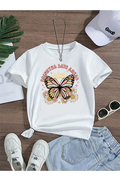 PENTHİLUS Plus Size Floral Butterfly Print Short Sleeve Summer T-Shirt for Daily Wear