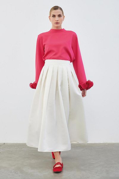 KADRİYE BAŞTÜRK Ole Pleated High Waist Taffeta Skirt Ecru