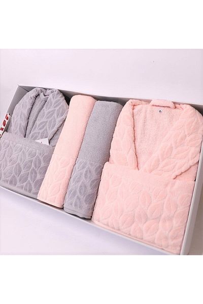 Nurpak Σετ οικογενειακό μπουρνούζι Hazal Jacquard Partial Velvet 8 Piece