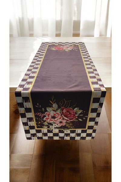Mavi Masal Floral Patterned Checkered Runner Cover Kitchen Tableware Dining 36X110 cm