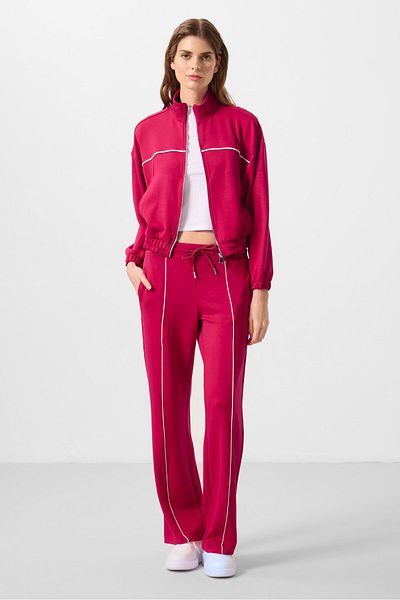 TOMMY LIFE بدلة رياضية نسائية من Viva Red ذات ملمس ناعم وياقة واقفة كبيرة الحجم - 95349