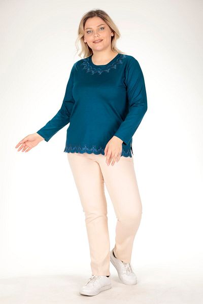 TRENDSE Bluză pentru mama marimi mari, țesătură viscoză, bumbac, broderie, cu pietre