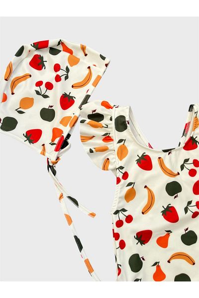 ALİŞ KİDS Girl's White Strawberry Cherry Banana Patterned Cross Strap Ruffled Bonnet Swimsuit