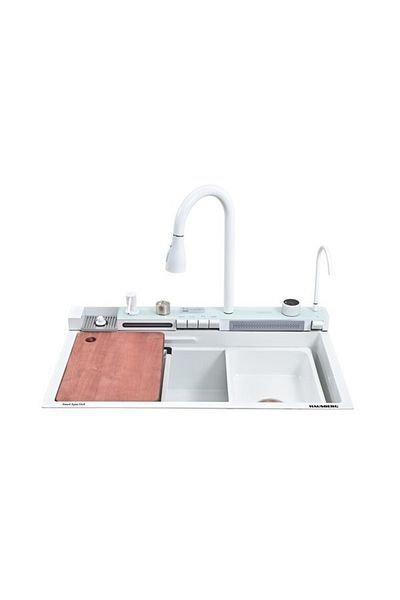 Depox Chiuvetă de bucătărie multifuncțională, duș extensibil, tocător de lemne, afișaj LCD cu temperatură, 2 jeturi de apă, 75x46 cm