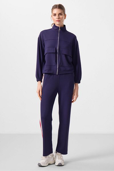 TOMMY LIFE Dark Purple Stand Collar Oversize Cargo Pocket Women's Crop Top Sweatshirt 97301