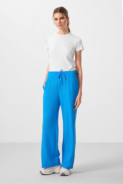 TOMMY LIFE Pantaloni Palazzo de damă, cu picioare largi, din in albastru - 94675