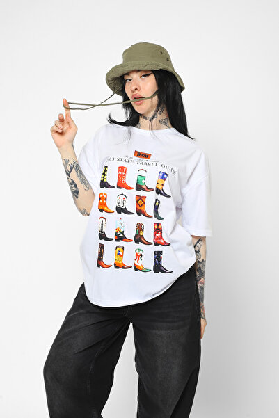 Bak Moda Kaubojske čizme Štampano Oversize kroj Unisex bela majica